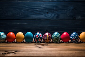 row of colorful easter eggs with intricate patterns on wooden surface - Powered by Adobe