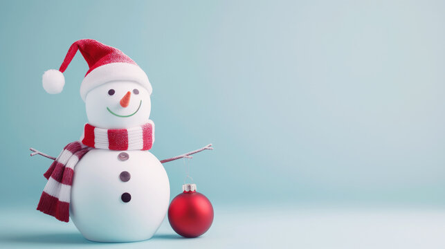 Christmas and New Year banner with a cute snowman in a red scarf and hat on a light blue background.