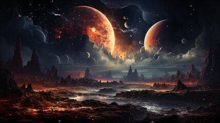 Fantasy landscape of space, moon and planets