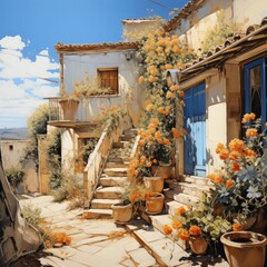 Painting depicting a stunning Mediterranean house and landscape