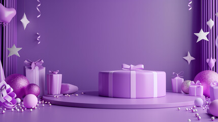 3d rendering of colorful purple background wall with birthday party decoration, purple colors, empty wall mock up, birthday invitation, greeting card