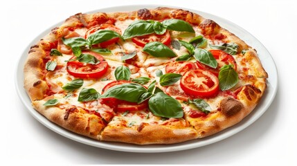 Close up of pizza with tomatoes and basil on plate