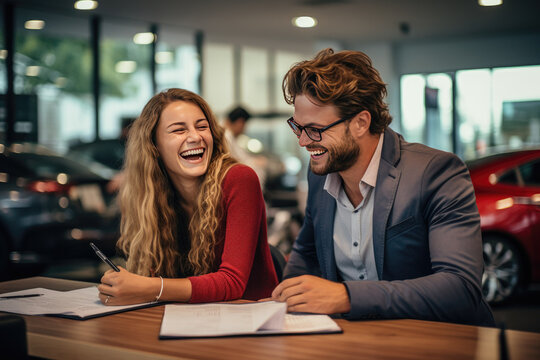 laughing woman and man signing documents at a dealership