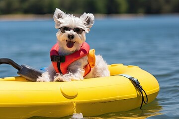 dog wearing sunglasses and life jacket on a kayak in the water