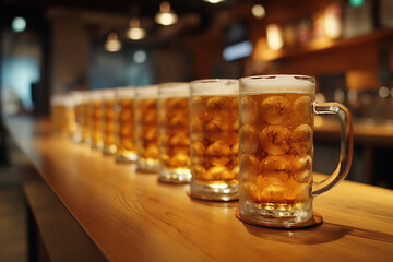 Close up of a rack of different kinds of beers, dark to light, on a table. Selective focus. Image for cafe menu, Banner