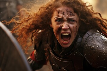Fierce female warrior yelling in battle