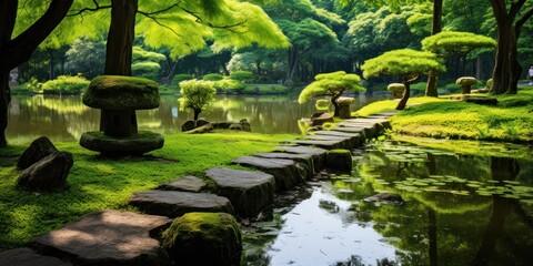 Serene Japanese Garden with Stepping Stones Across a Pond