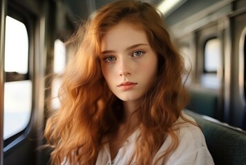 Young woman traveling by train during golden hour