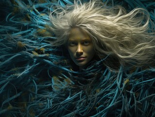 Mystical woman entwined in dark blue vines with flowing silver hair
