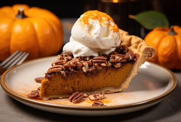 Delicious pumpkin pie slice topped with whipped cream and pecans - obrazy, fototapety, plakaty