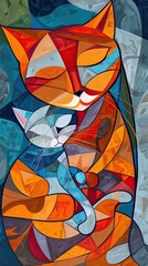 A colorful, abstract painting of two cats