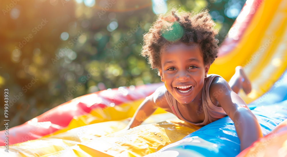 Wall mural Little boy smiles and enjoys a slide in a swimming pool.