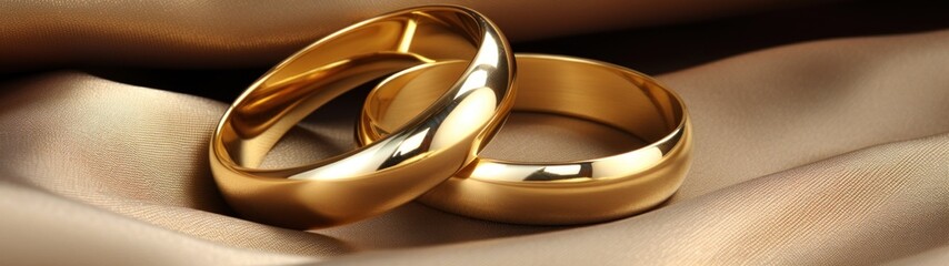 Golden wedding rings on a silk fabric