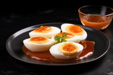 Perfectly cooked soft-boiled eggs on a dark plate