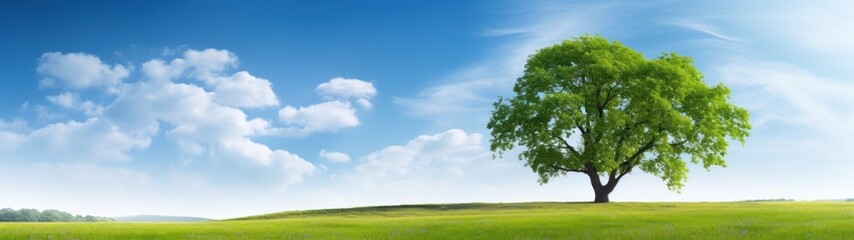 Fototapeta na wymiar Serene Landscape with Lush Green Tree and Blue Sky