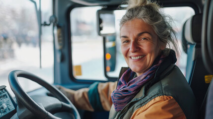 Happy female bus driver at work looking at camera.