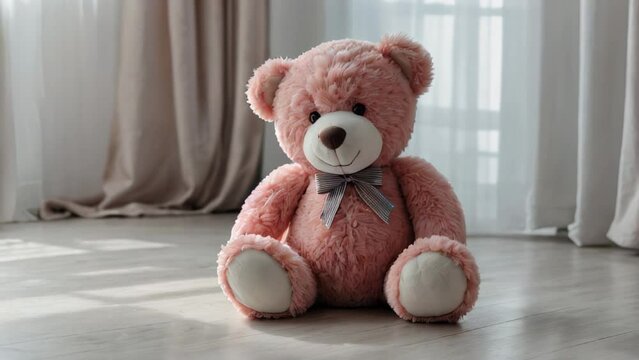 A pink teddy bear is sitting on a wooden floor