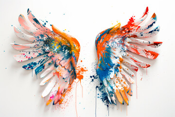 Two painting wings covered in vibrant colorful splatters on a white wall. Grunge and graffiti...