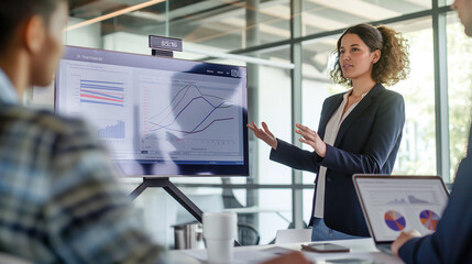 Conference presentation in an office conference room: a businesswoman speaks, uses a wall-mounted TV to show the company's growth through big data analysis, graphs, charts, infographics.