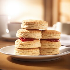Freshly baked scones stacked with jam on a plate