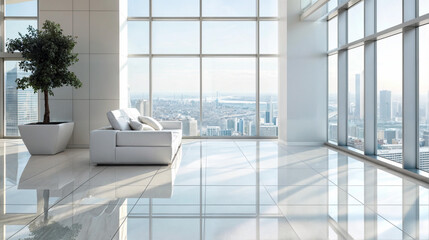 Fototapeta premium A white couch sits in a large room with floor-to-ceiling windows and a city skyline view. There's a potted plant in the room on the floor.