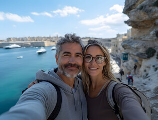 Fototapeta na wymiar Island Love: Middle-Aged Couple Taking Selfie in Malta's Capital