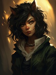 Mystical female character with feline features in a dramatic light