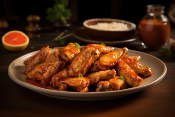 Delicious glazed chicken wings served on a plate