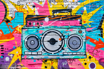Boombox tape recorder with colorful funky arrows and notes , positioned in front of vibrant graffiti