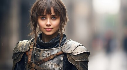 Fototapeta premium Young female warrior in medieval armor on a rainy day