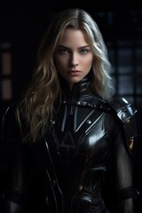 Naklejka premium Confident female warrior in futuristic armor