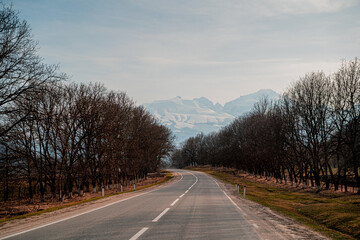 Fototapeta premium the road to the left is an asphalt scenic road with a turn to the left into the mountains with a view of the snow-capped tops of the mountains and a blue sky with clouds and along the road there are a