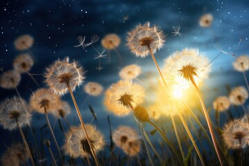 Dandelion seeds blowing in the wind at sunset