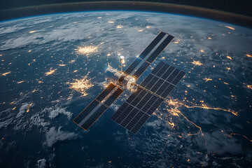 Fototapeta premium Telecommunication satellite providing global internet network and high speed data communication. Satellite in space, low Earth orbit. Worldwide data communication technology.