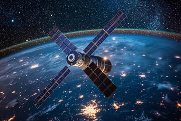 Telecommunication satellite providing global internet network and high speed data communication. Satellite in space, low Earth orbit. Worldwide data communication technology.