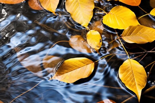 Autumn leaves floating on a serene water surface