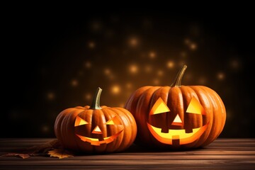 Spooky Halloween Pumpkins on a Wooden Table