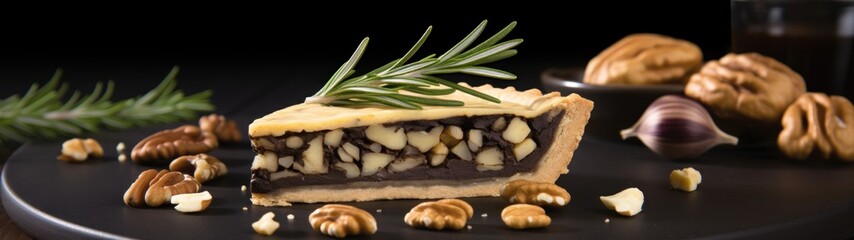 Gourmet chocolate and walnut tart on a dark plate with elegant garnish