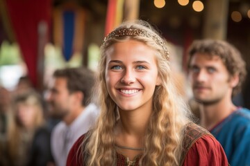 Obraz premium Smiling young woman in medieval costume at a festival