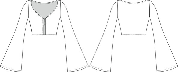 deep v neck zippered low-cut kimono bell long sleeve crop cropped fit elastic blouse top template technical drawing flat sketch cad mockup fashion woman design style model
