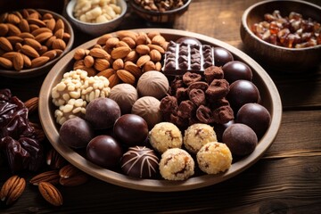 Assorted gourmet chocolates and nuts on a wooden platter