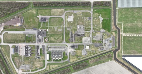 Aerial drone view of Wieringermeer, The Netherlands, natural gas storage and mixing with nitrogen. Site recently expanded to phase out gas extraction in Groningen. Nitrogen is mixed with high