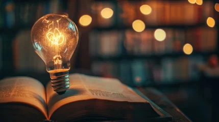 Fotobehang Glowing light bulb above open book with bokeh lights background © jongaNU