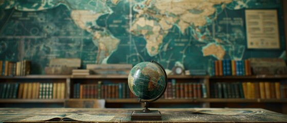 Educational background with a world map, educational books, and a globe in a classroom