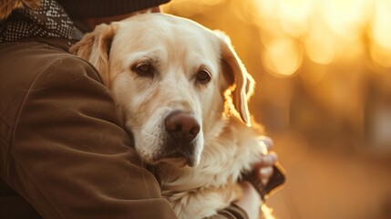 Serene Autumn Evening With a Content Labrador Retriever Embraced by Owner