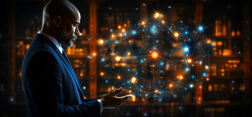 Businessman on blurred background using planet earth network sphere interface 3D rendering