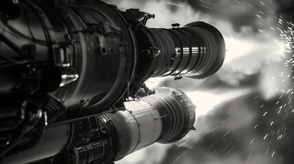 Close-Up View of Rocket Engine During Thrusting Test at Dusk