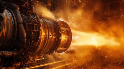 Powerful Rocket Engine Ignition During a Night-Time Test at Space Facility