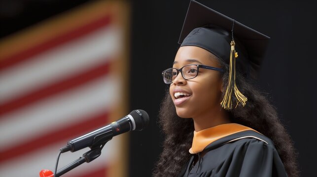 Young Female Graduate Delivering Commencement Speech at University Ceremony