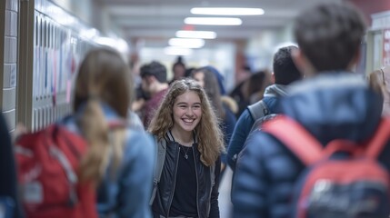 Smiling Teenage Girl Walking Through High School Hallway With Peers